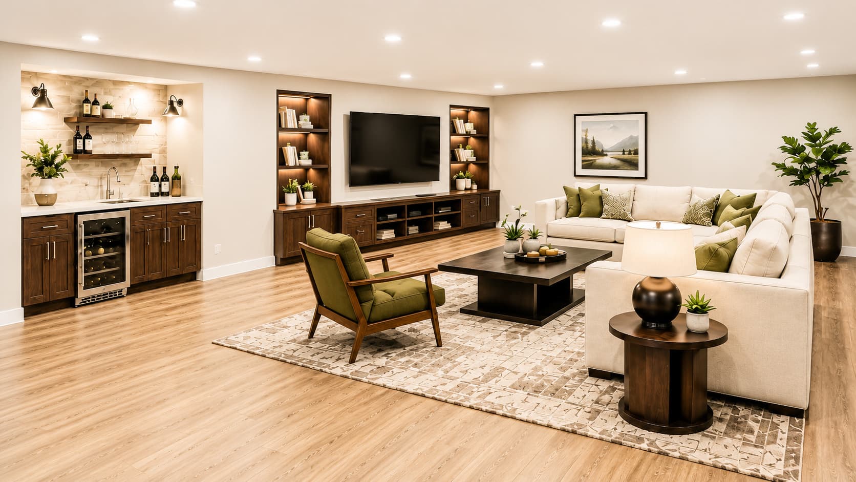 Finished basement concept with lounge, bar, and media wall