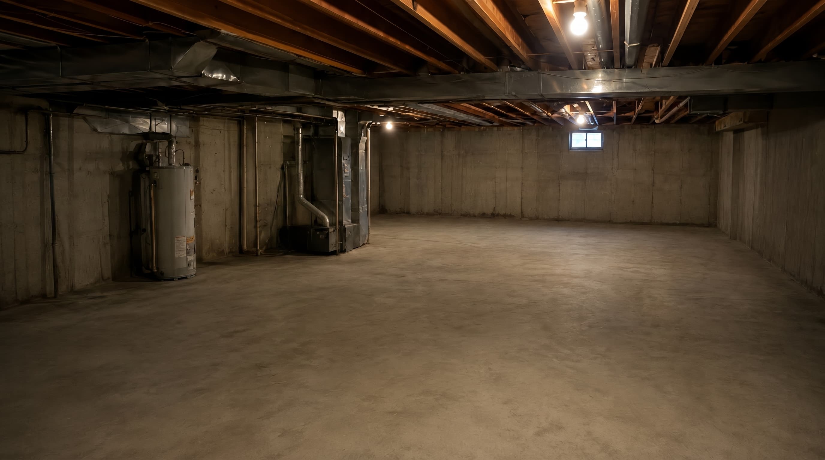 Unfinished basement used as current-state context for a fictional proposal room