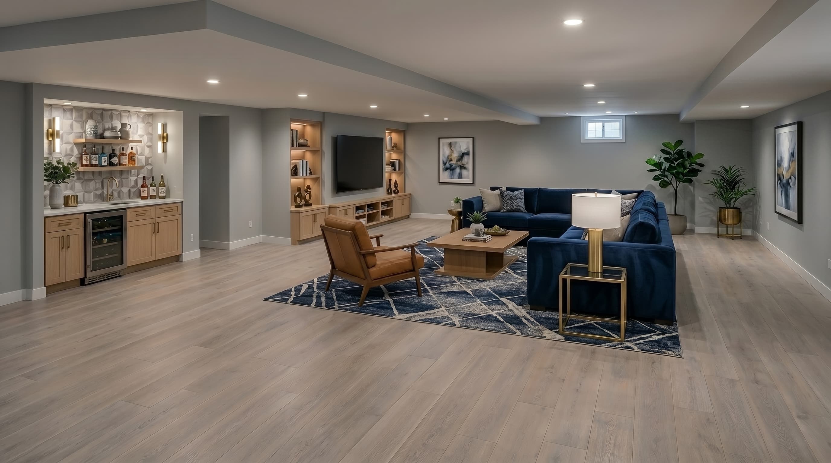 Blue-accent basement finish variation