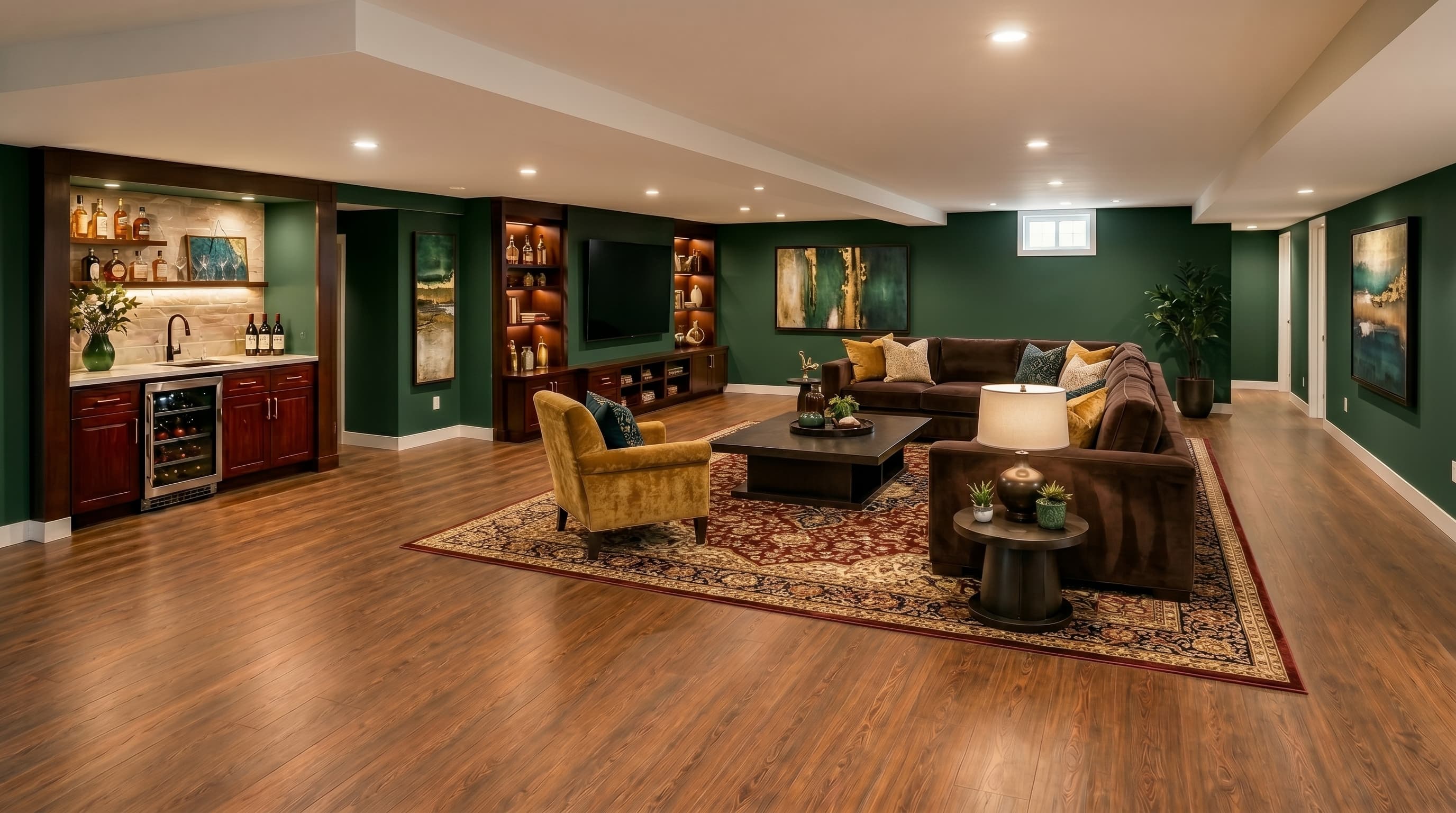 Green-accent basement finish variation