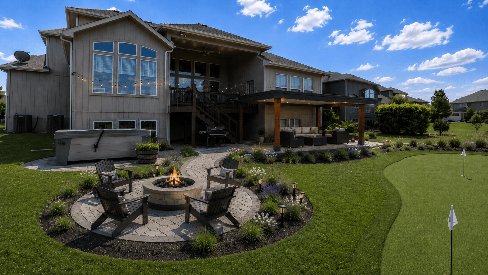 Sample outdoor living concept with covered patio, fire area, hot tub, and lawn